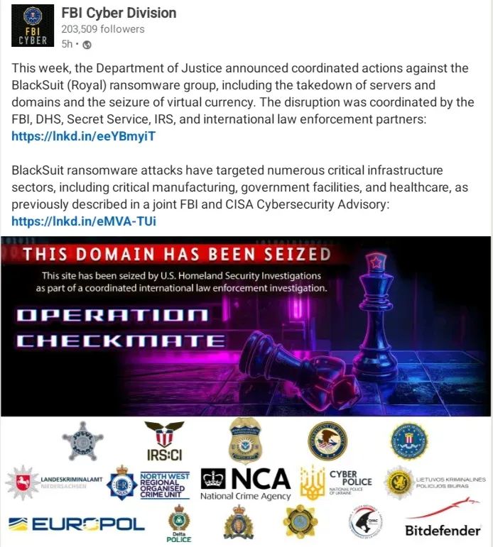 Operation Checkmate: International Law Enforcement Dismantles BlackSuit Ransomware Empire