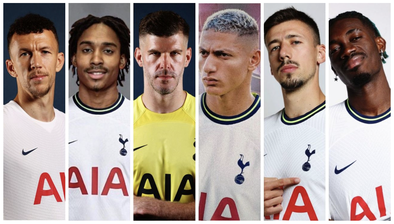 A graphic of Spurs Men's summer signings (Perišić, Spence, Forster, Richarlison, Lenglet, and Bissouma).