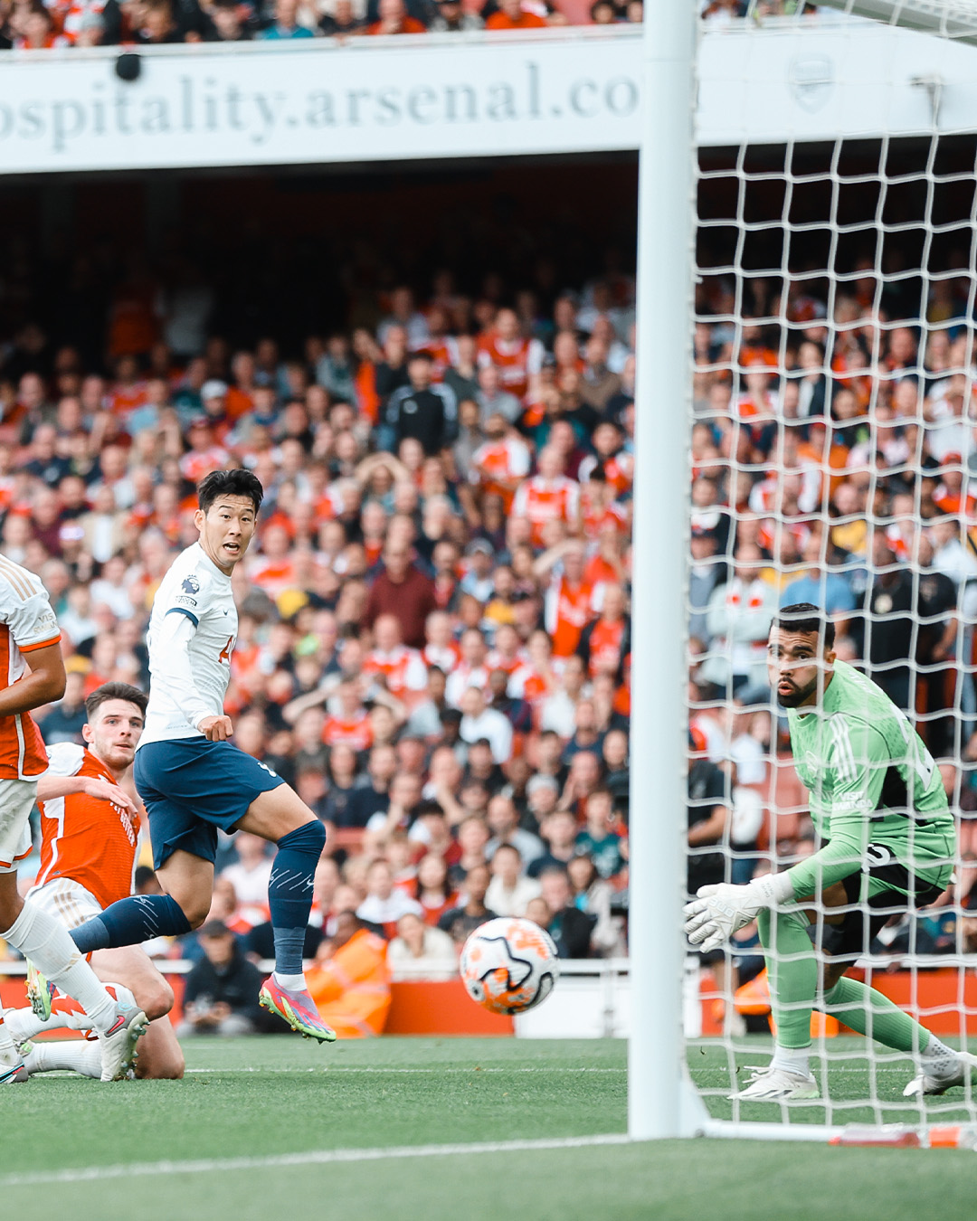 Son Heung-min's shot heads towards the goal.