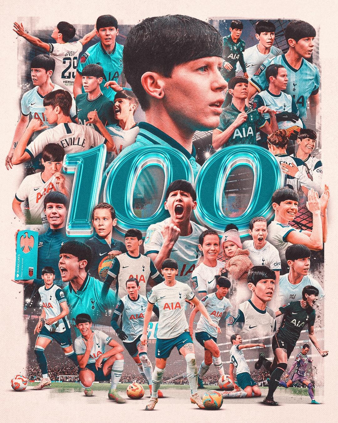 A graphic celebrating Ash Neville's 100th WSL appearance, featuring a collage of photos of her various appearances.