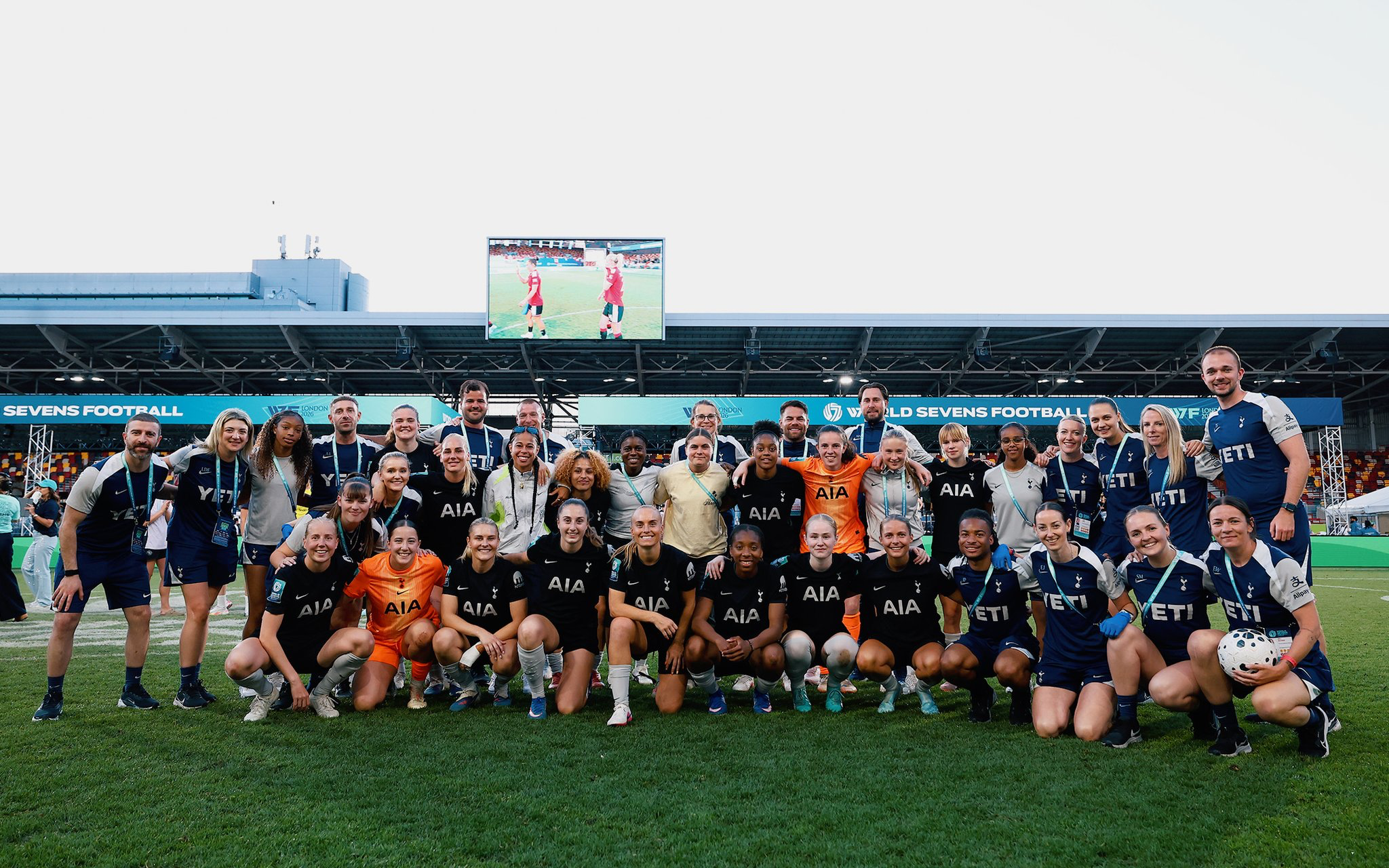The full roster and staff for the World Sevens Football tournament, plus a few familiar faces supporting.