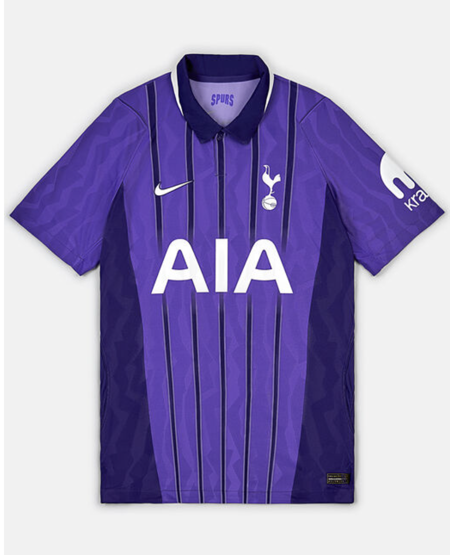 Tottenham Hotspur's 2026/27 third kit, purple with black tapering stripes in the center and a subtle tonal pattern, plus a purple collar and side details.