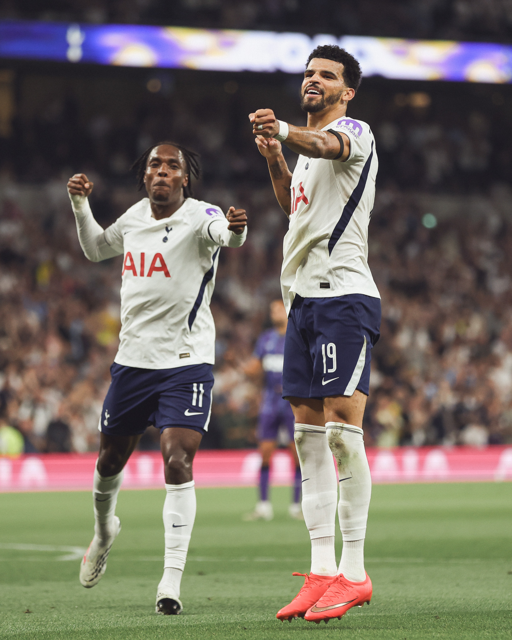 Dominic Solanke does his classic bow and arrow goal celebration, Mathys Tel joining in.