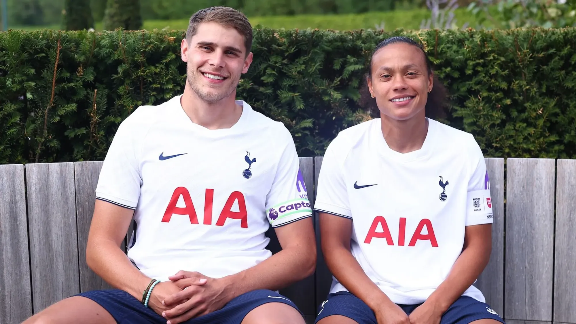 Micky van de Ven and Drew Spence pose together as the new First Team Captains for Spurs Men and Spurs Women respectively.