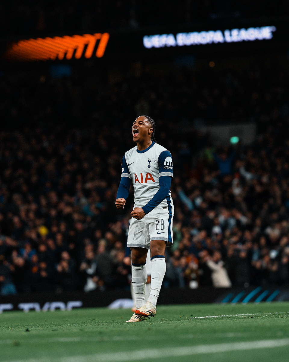 Wilson Odobert roars with delight after scoring his first Spurs goal.