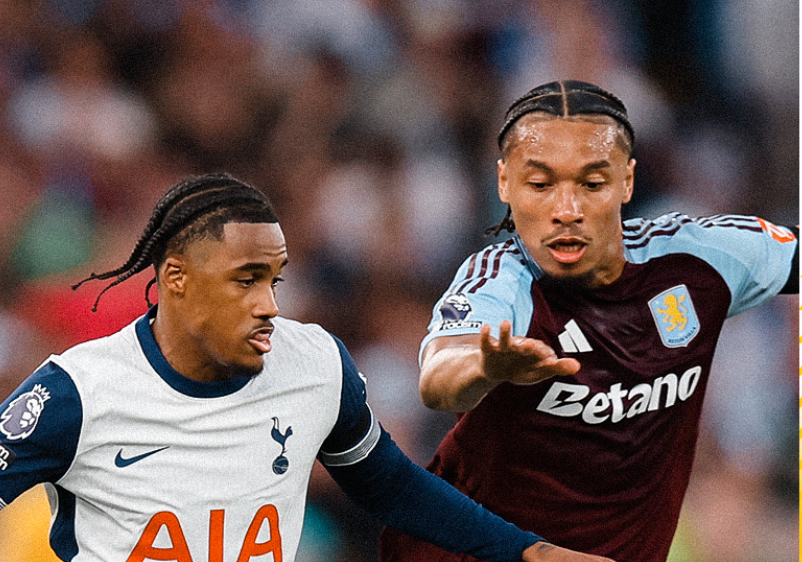 Wilson Odobert challenges an Aston Villa player. 