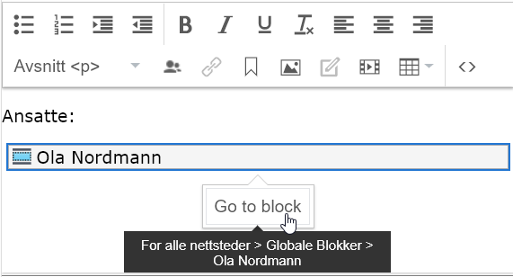 Viser at man kan navigere direkte til blokken via riktekst.