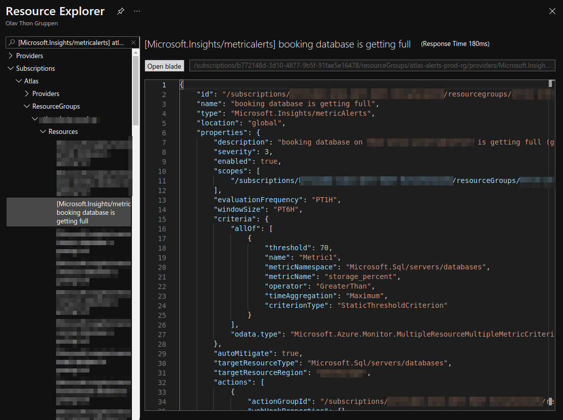 JSON for the alert resource