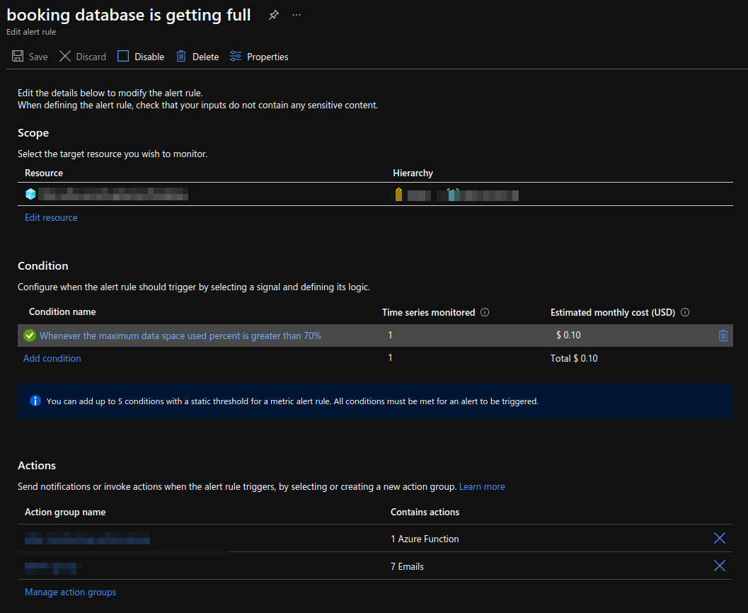 Setting up alert in azure portal
