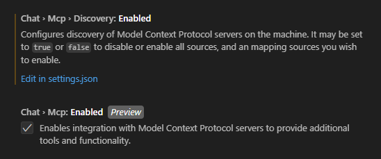 VS Code settings. Chat MCP Discovery: Enabled. Chat MCP: Enabled