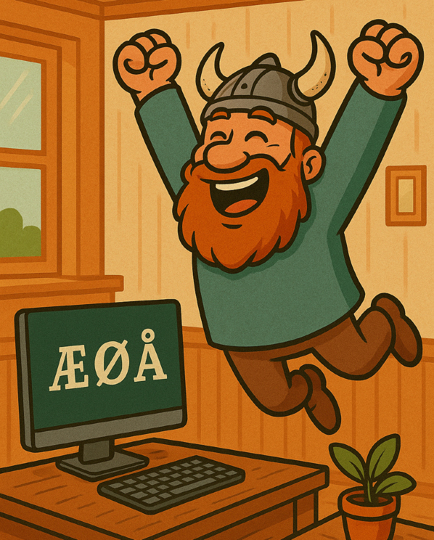 AI-generated illustration of a happy viking coder