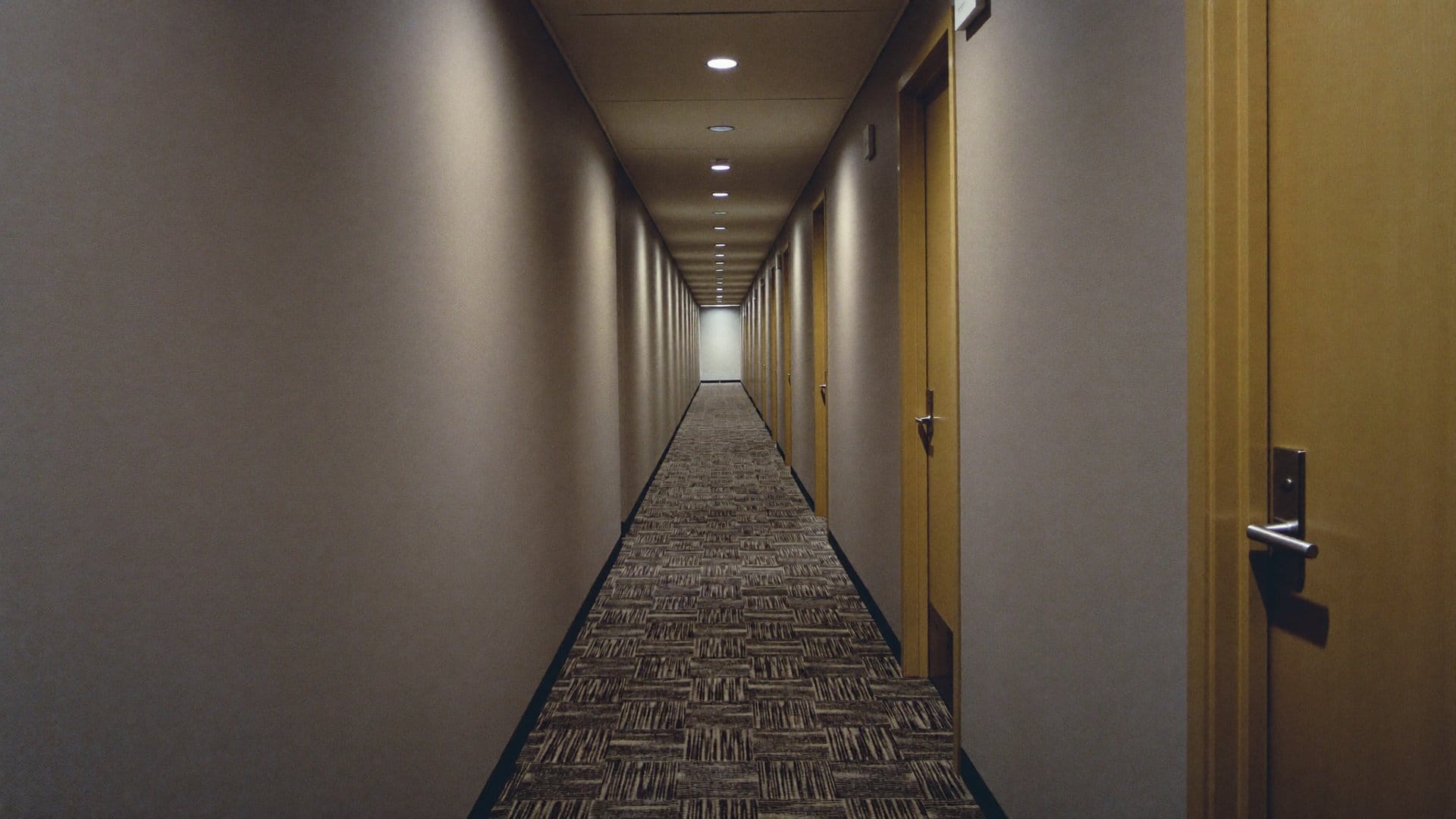 A hotel corridor with rows of identical doors receding into the distance