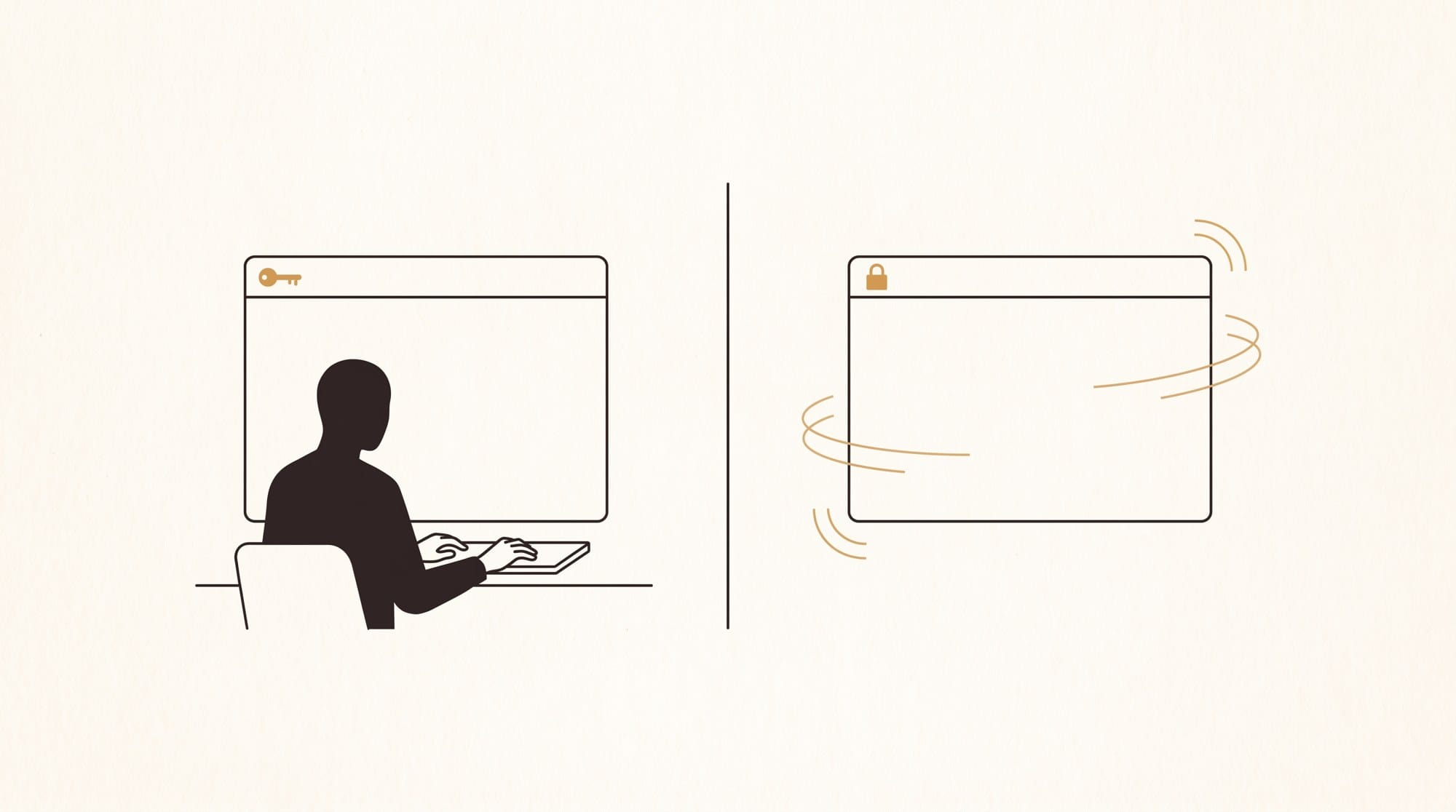 Line drawing of two identical browser windows: the left one used by a person at a keyboard, the right one standing alone and working by itself.