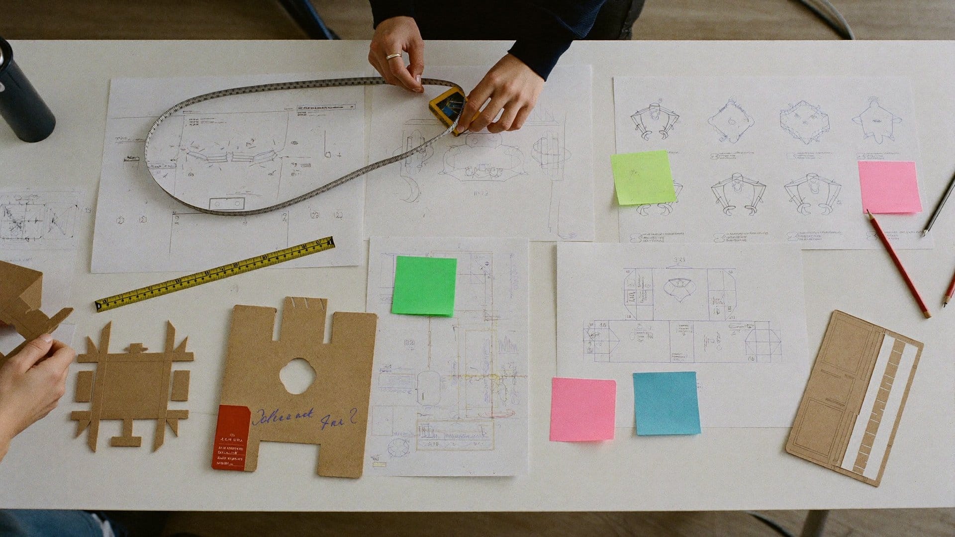 A workshop table covered with sketches, sticky notes and cardboard prototypes
