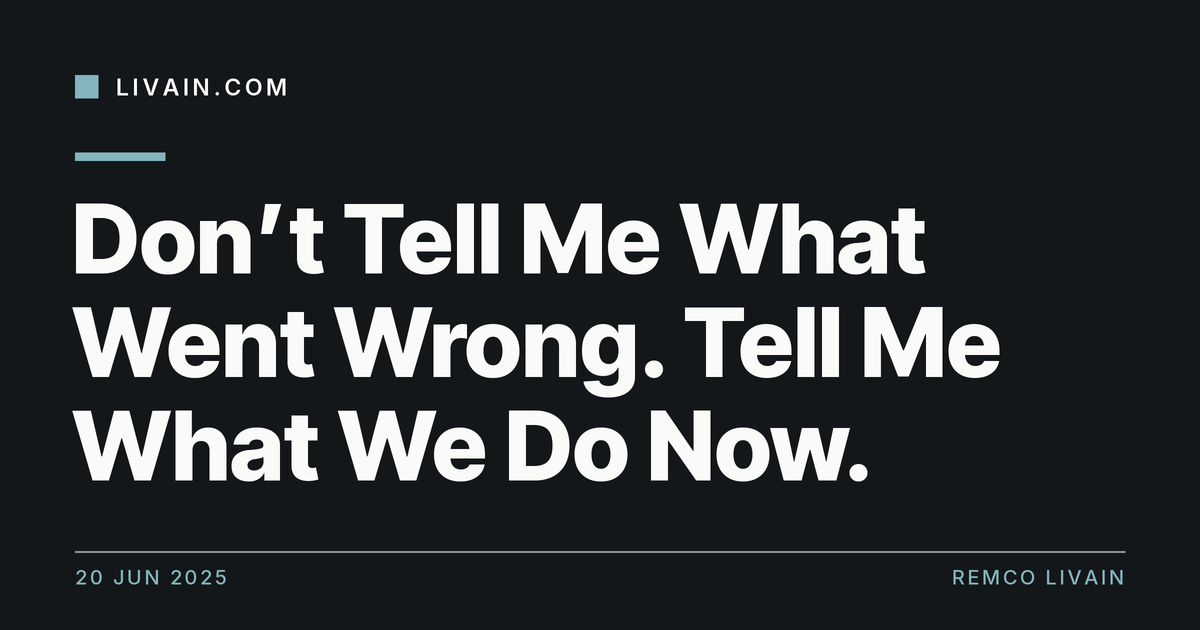 Don’t Tell Me What Went Wrong. Tell Me What We Do Now. — title card, livain.com