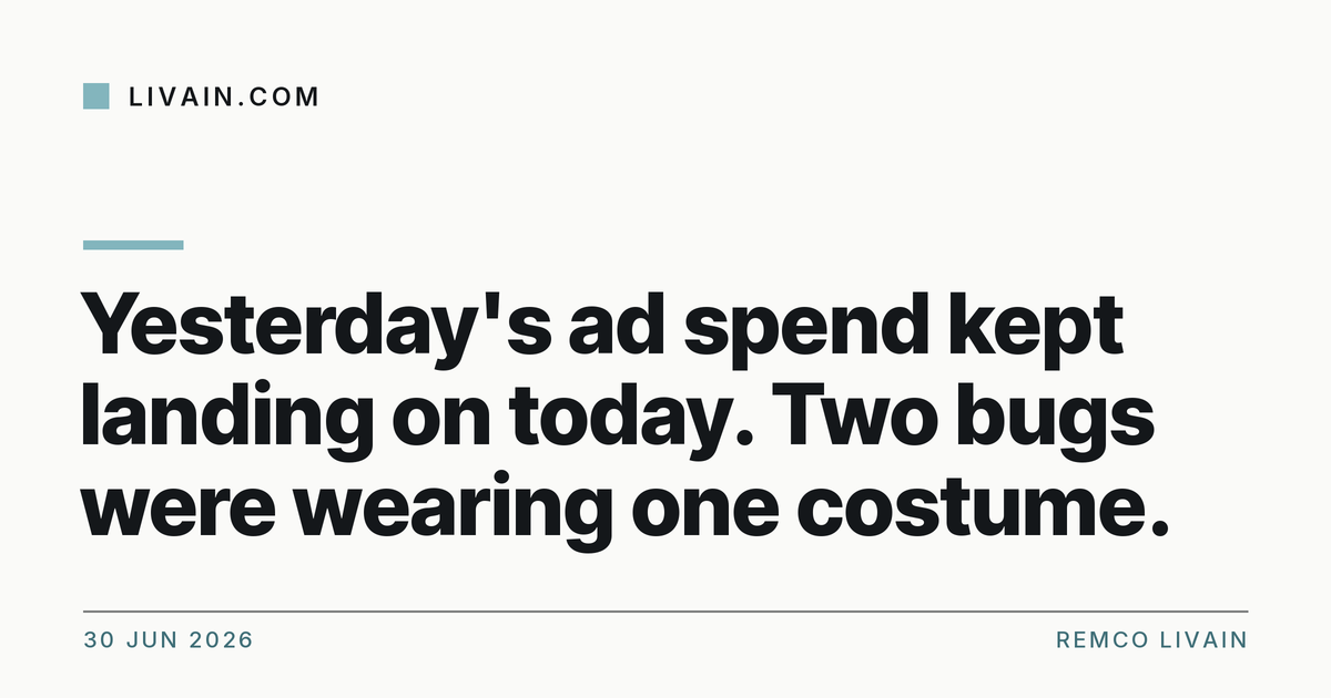 Yesterday's ad spend kept landing on today. Two bugs were wearing one costume. — title card, livain.com