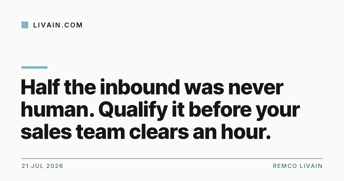 Half the inbound was never human. Qualify it before your sales team clears an hour. — title card, livain.com