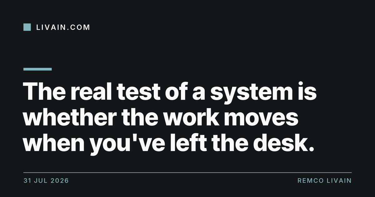 The real test of a system is whether the work moves when you've left the desk. — title card, livain.com