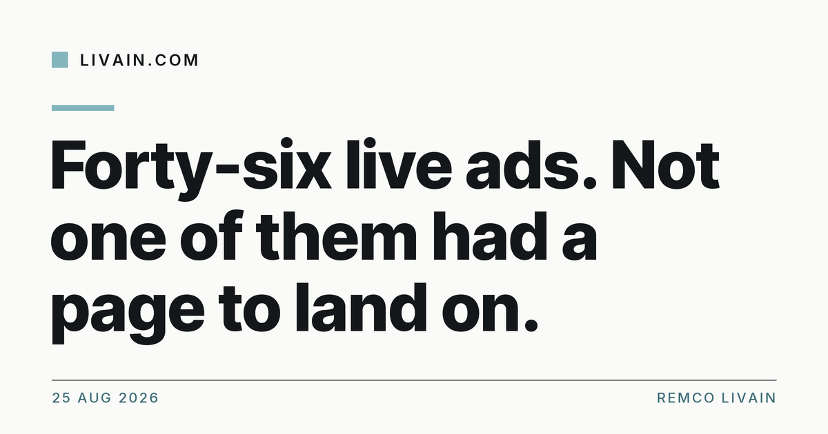 Forty-six live ads. Not one of them had a page to land on. — title card, livain.com