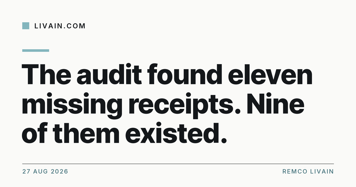 The audit found eleven missing receipts. Nine of them existed. — title card, livain.com