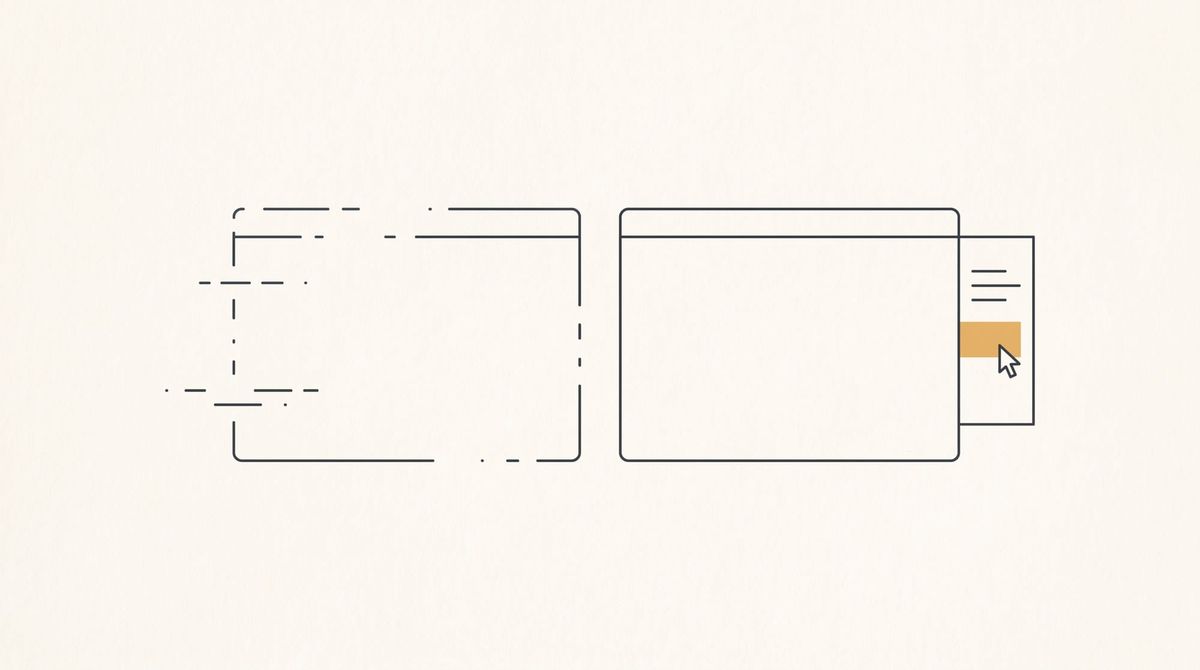 Line drawing of two browser windows: one hollow and breaking apart, one whole with an active side panel attached.