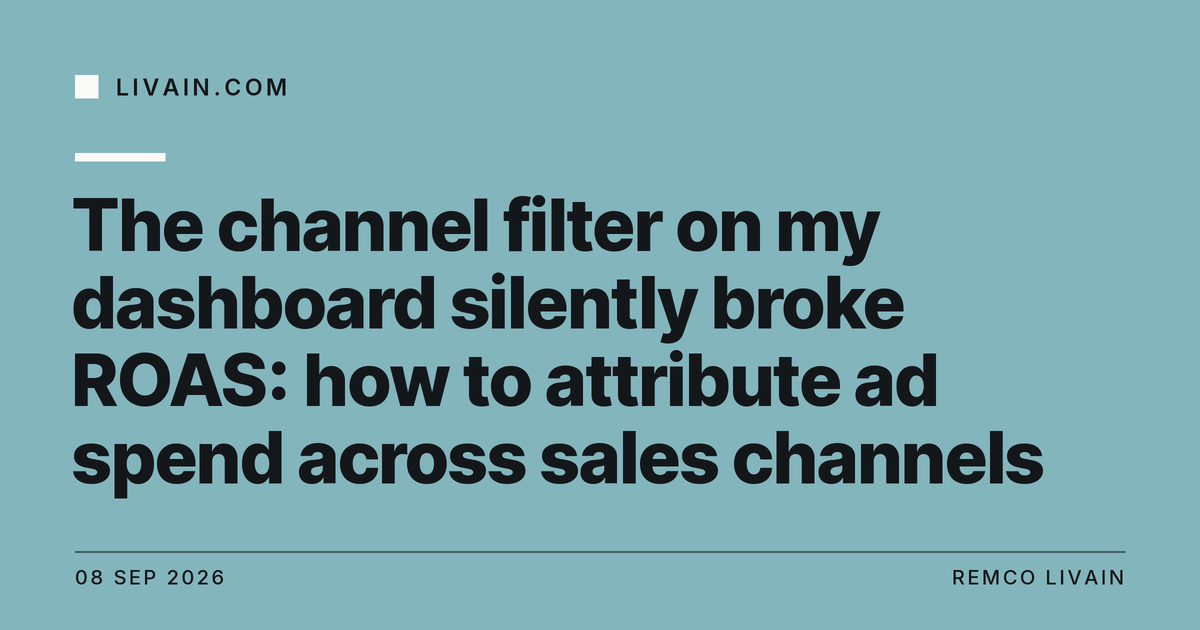 The channel filter on my dashboard silently broke ROAS: how to attribute ad spend across sales channels — title card, livain.com