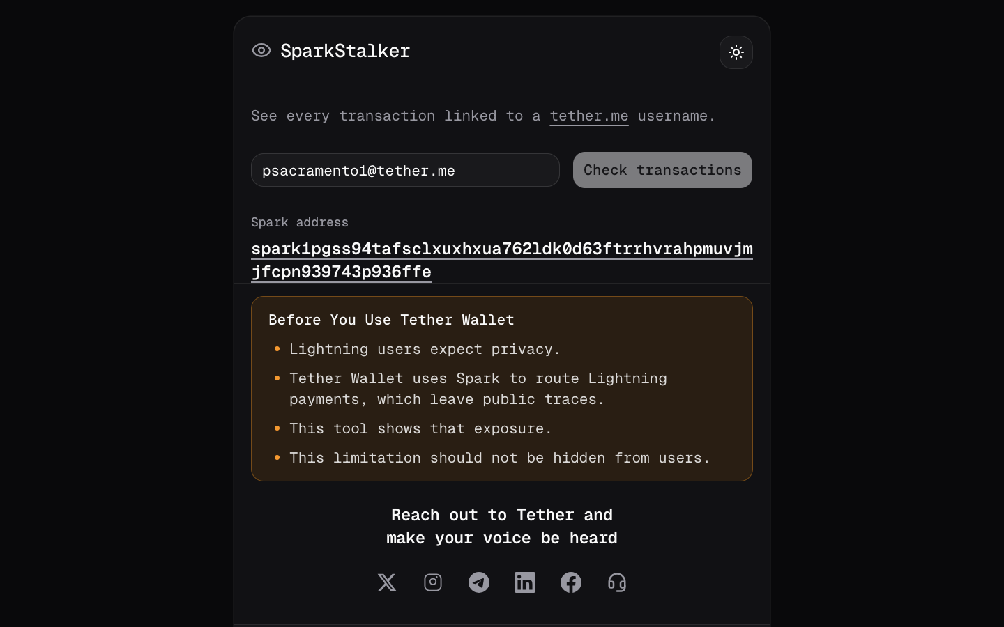 SparkStalker: Making Spark Wallet Privacy Problems Visible
