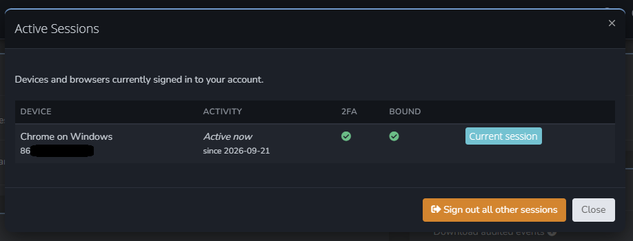 Report URI settings showing whether the current session is protected by DBSC