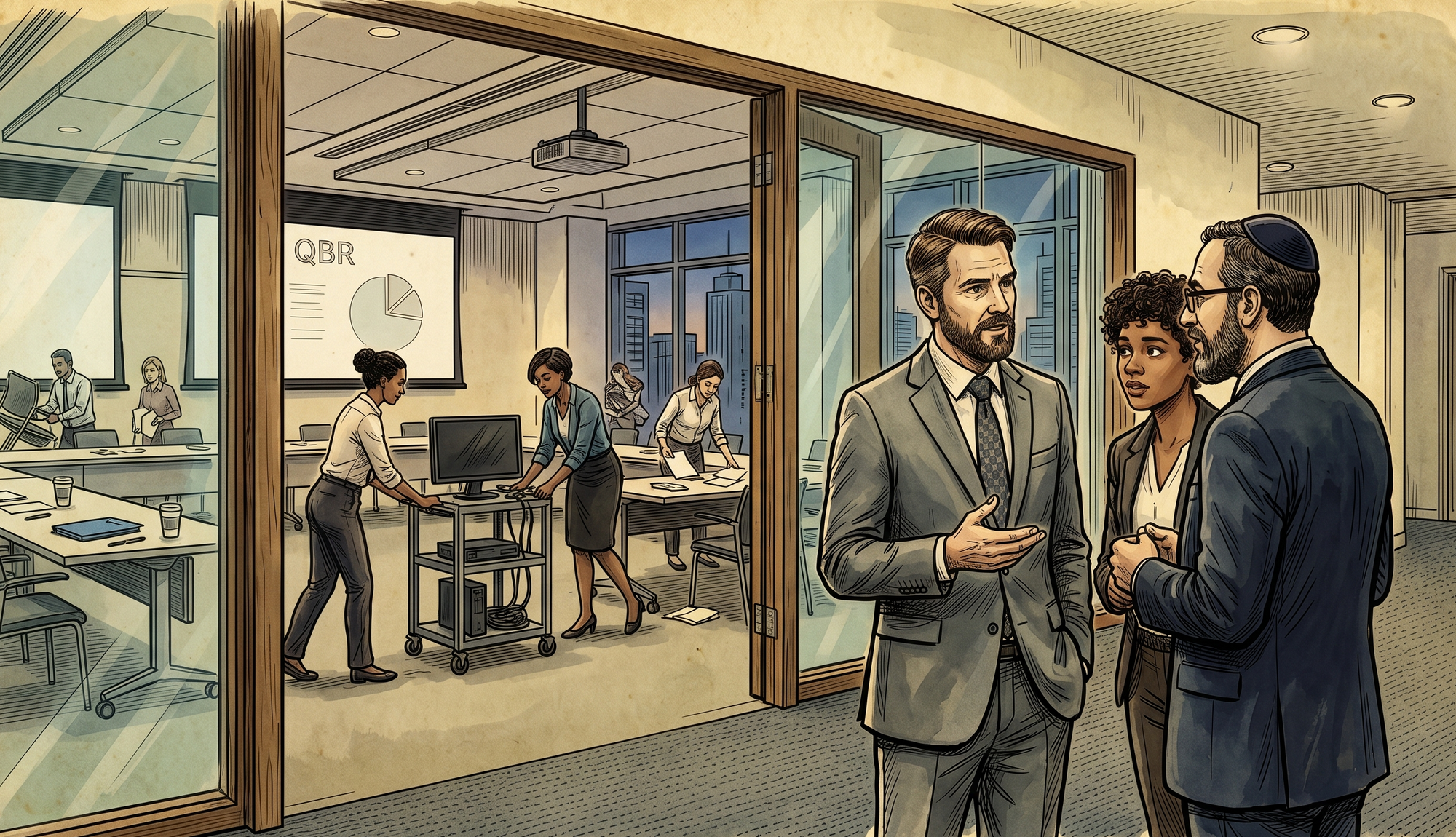 Engaged in a private huddle outside a glass-walled conference room. In the background, a diverse group of staff members is seen cleaning up after a meeting.