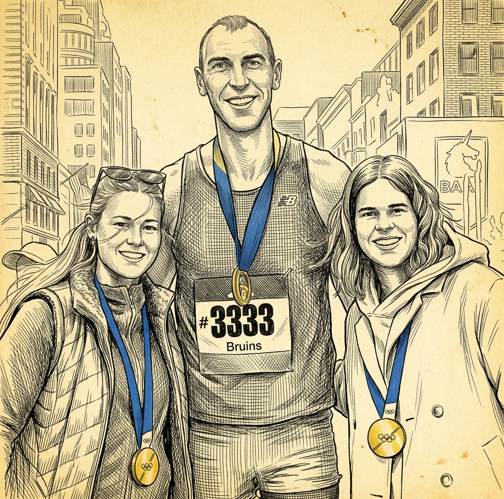 Boston Fleet players Megan Keller and Hailey Winn presenting a marathon medal to Zdeno Chara. A moment of mutual respect between veteran and new generation athletes.