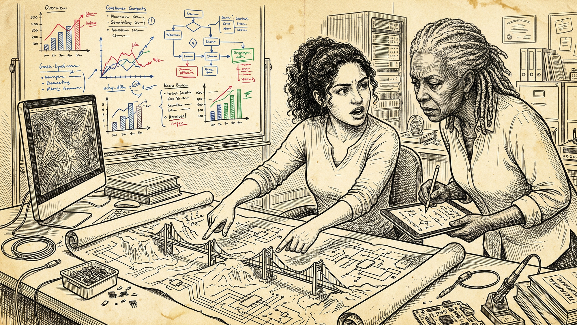 Pen and ink illustration on yellowed paper of an IT leader pointing to a bridge map while a woman takes notes on a tablet in a technical office with a whiteboard.