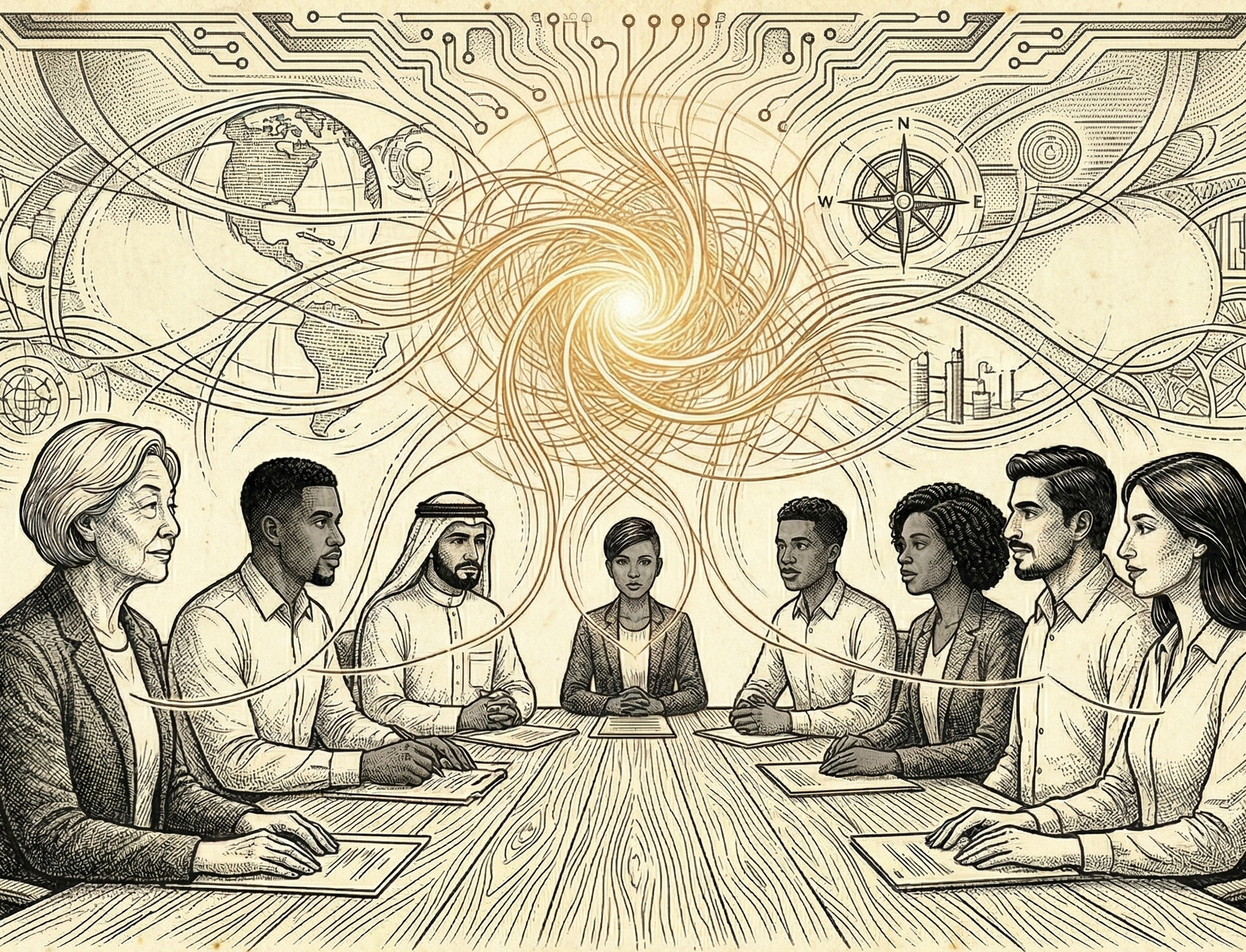 Pen and ink drawing on aged paper. Diverse leaders sit at a board table as glowing lines from their chests converge into a central pulse, set against an abstract circuit board background.