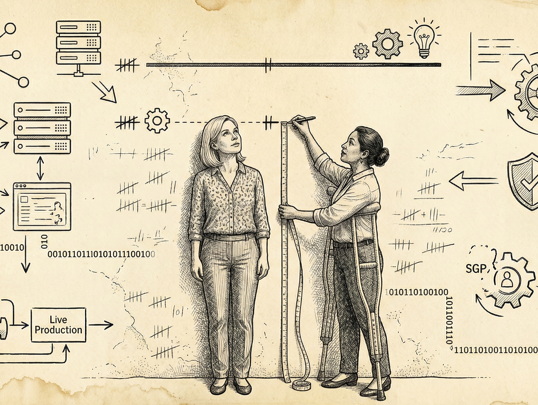 Pen and ink illustration on aged paper. A woman on crutches measures another woman's height against a wall. Technical IT diagrams and a high goal line are in the background.