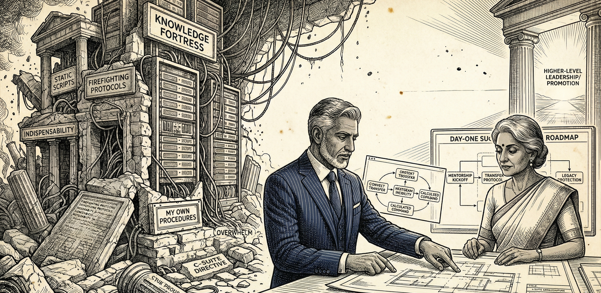 IT mentor and successor review a Day-One Roadmap. Behind them, server racks and columns form a Knowledge Fortress, representing the shift from guarded expertise to shared leadership.