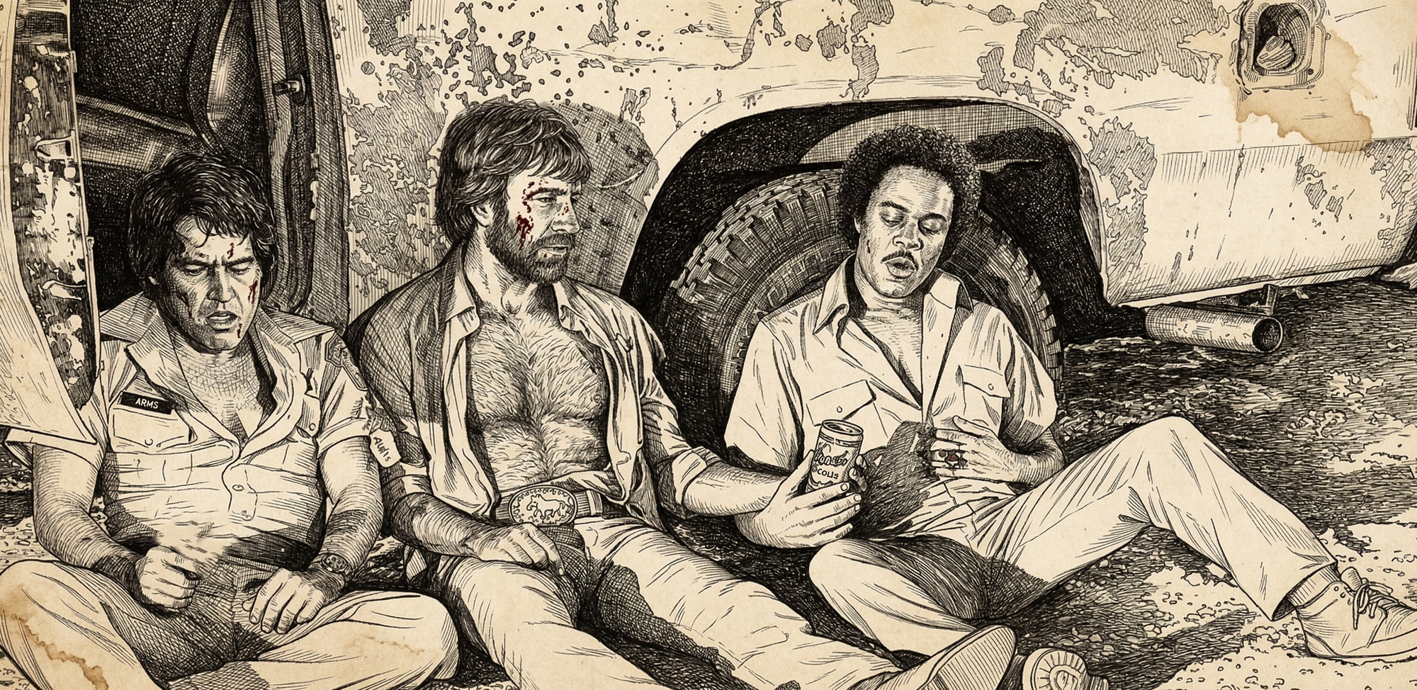 Pen and ink drawing on aged paper of McQuade, Jackson, and Kayo injured, leaning against a Bronco in the desert, holding beers in a moment of shared respect and peer validation.