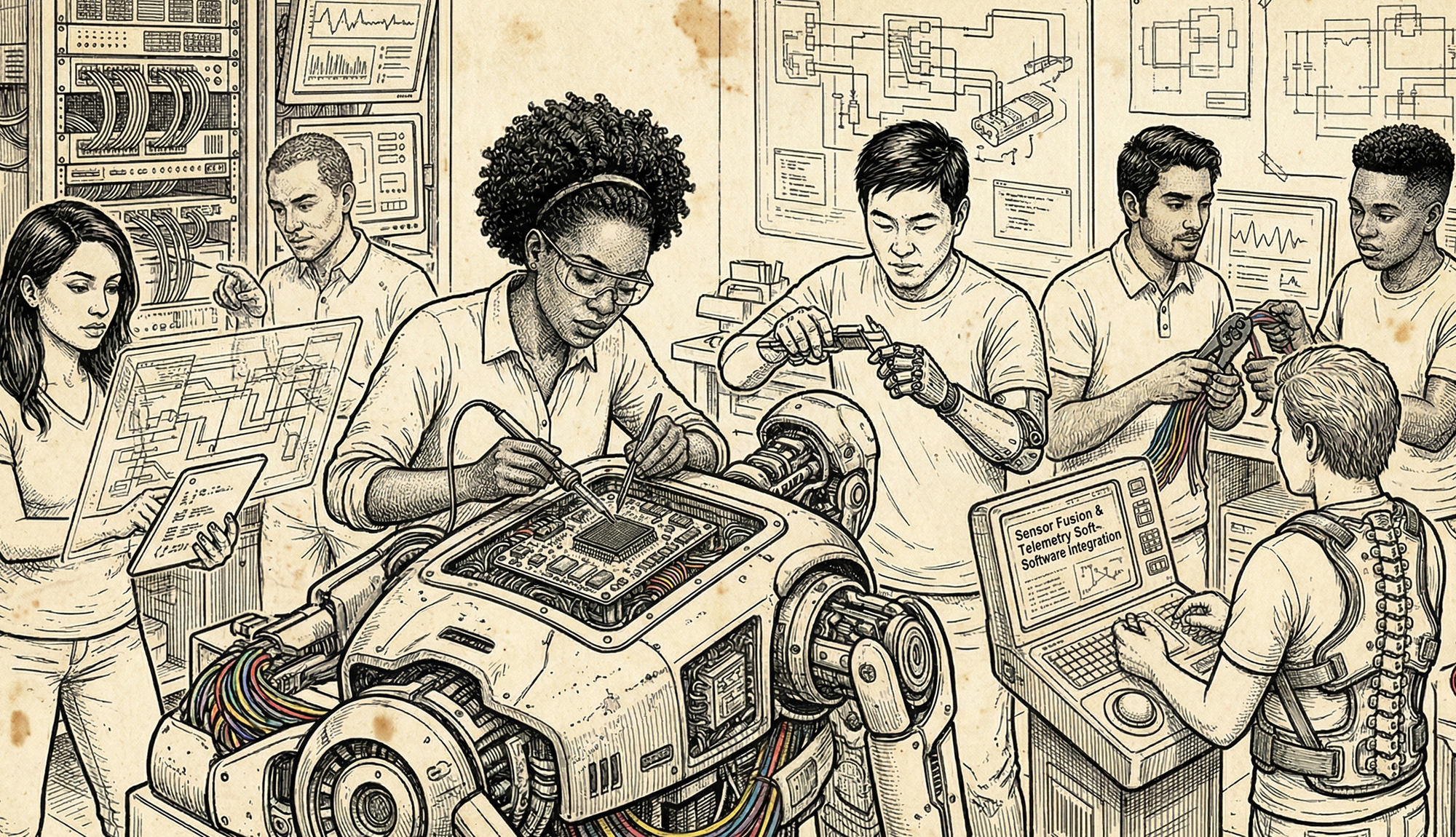 Diverse team builds robot torso. Black woman solders processor, Latina checks schematics, East Asian man uses calipers, person in brace monitors a console.