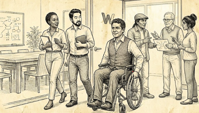 A man in a wheelchair is the central focus, with walking companions engaging him on one side and a distinct huddle in deep discussion behind them.