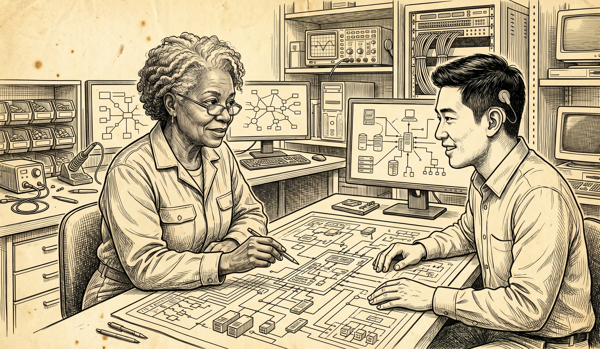 Two IT professionals of different generations and backgrounds look at a complex technical schematic together in a supportive workshop environment.