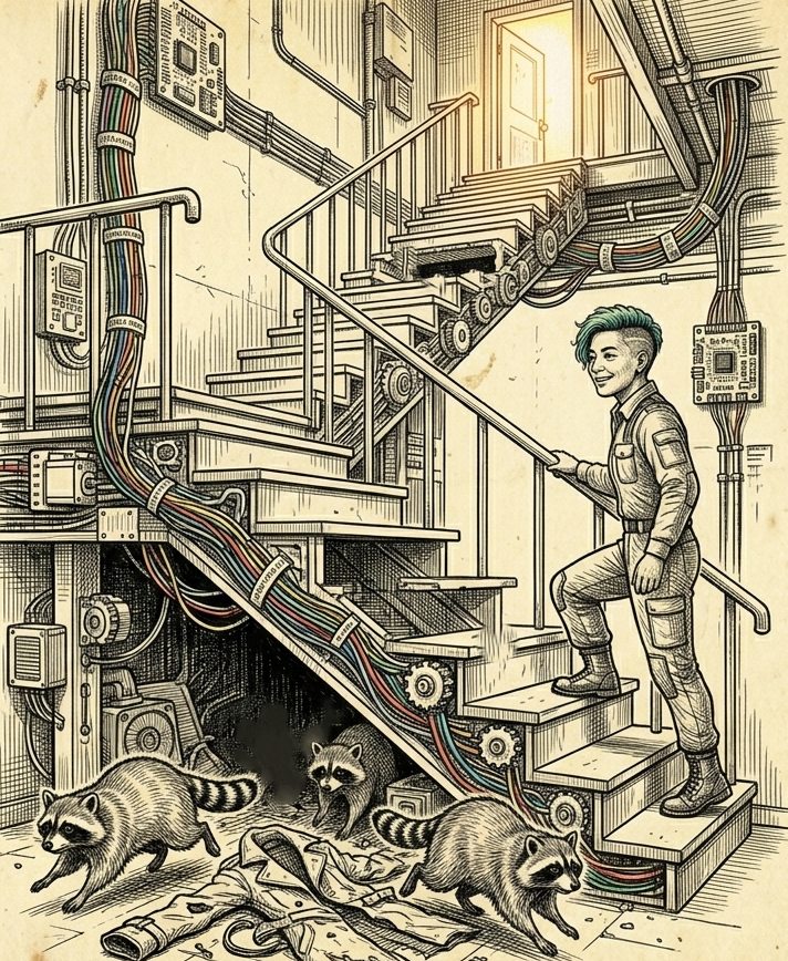 A person navigating a broken staircase. Meanwhile, three racoons scurry away from their trench coat under the stairs.