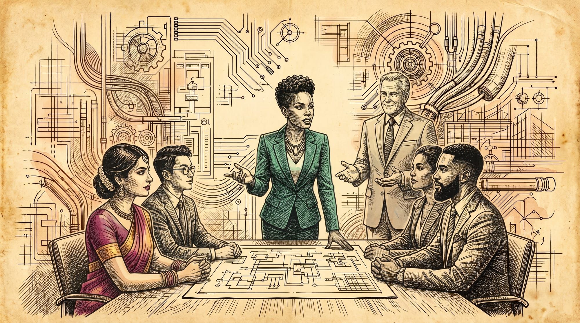 A group of business leaders sits at a conference table against a blueprint background. A Black woman leads the meeting, commandingly. In the background, a senior mentor defers decisions.