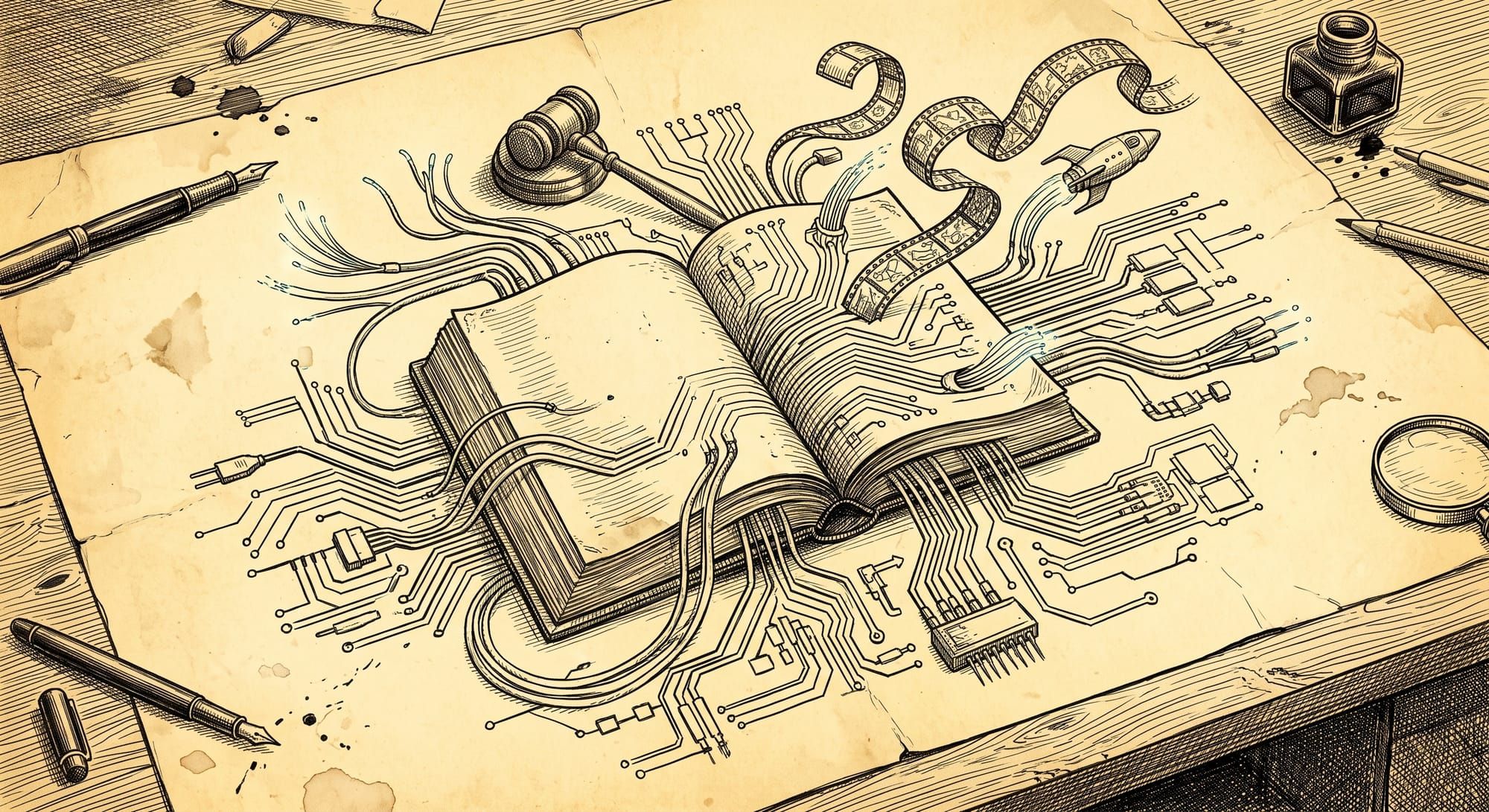Conceptual pen and ink drawing on yellowed paper showing technical schematics intertwined with literary and cultural symbols.