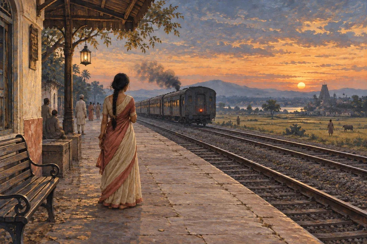 A lone woman at a rural railway station as a train disappears at dusk