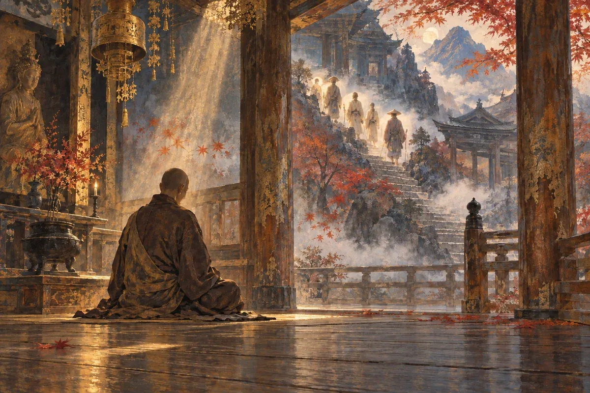 A monk in a temple as golden light and an earlier memory overlap