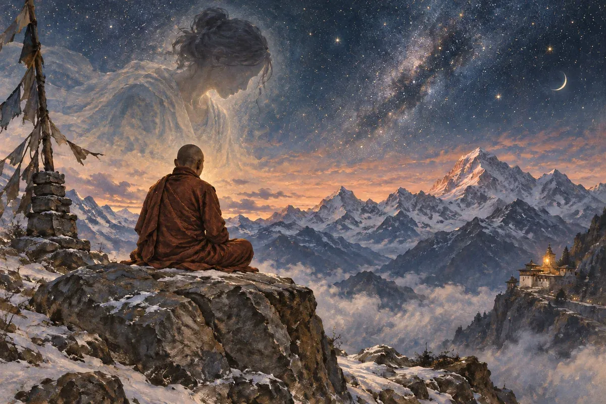 A woman’s translucent silhouette above a monk meditating in the Himalayas
