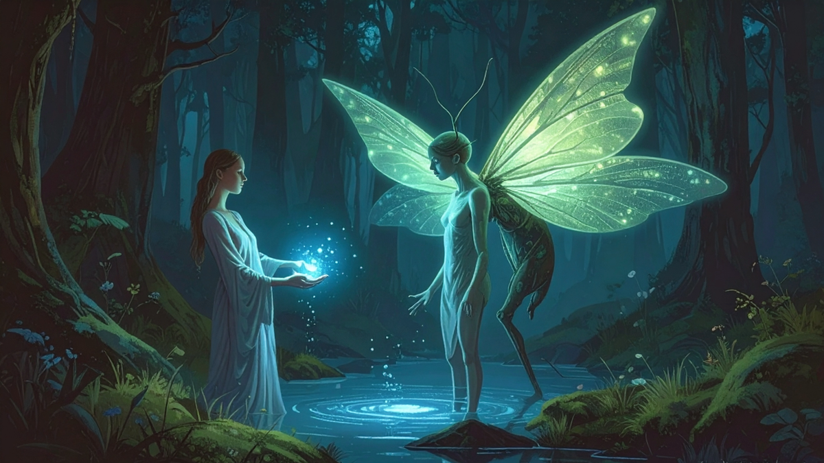 A woman holds glowing blue water beside a winged, insect-like being in a quiet forest pool.