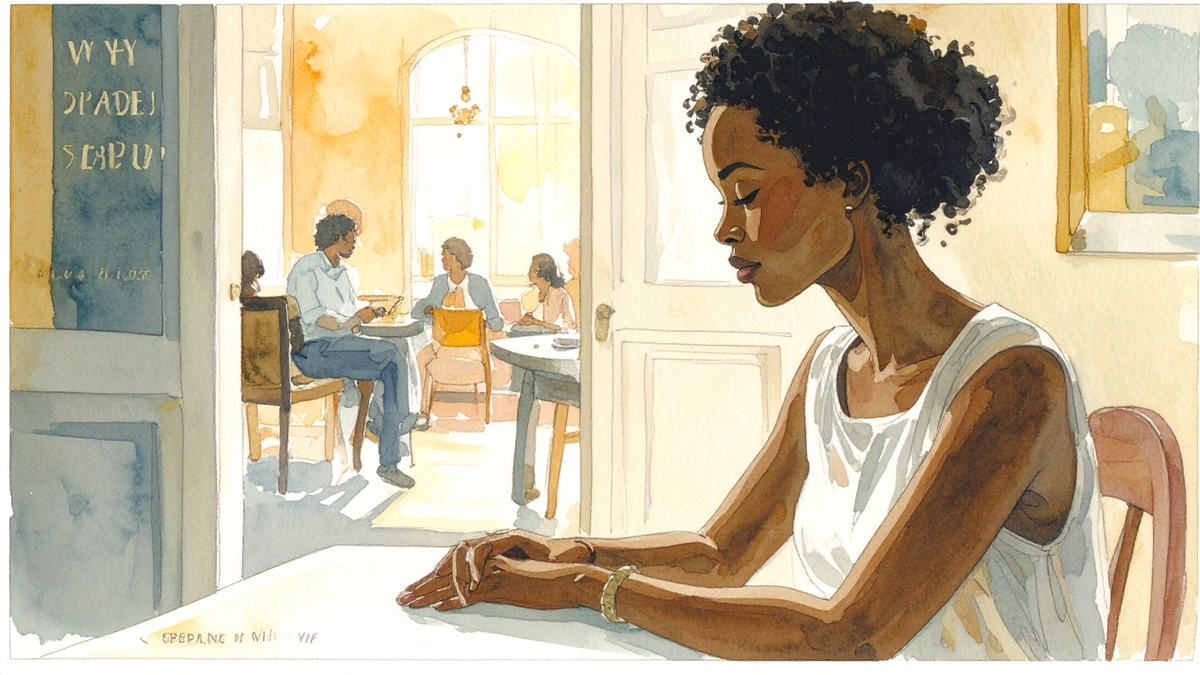 A woman seated quietly apart from a small group in a bright room