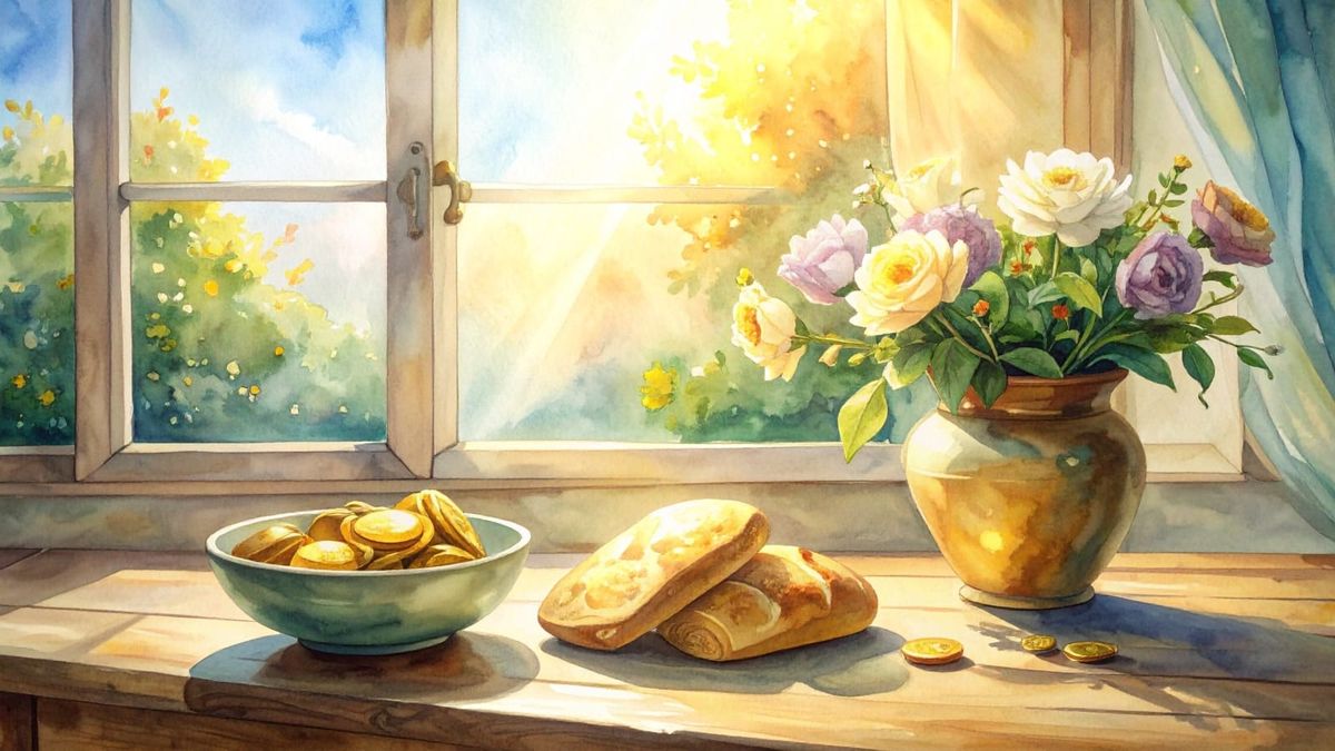 A sunlit table with a small bowl of coins, bread, and flowers, suggesting the flow of giving and receiving.