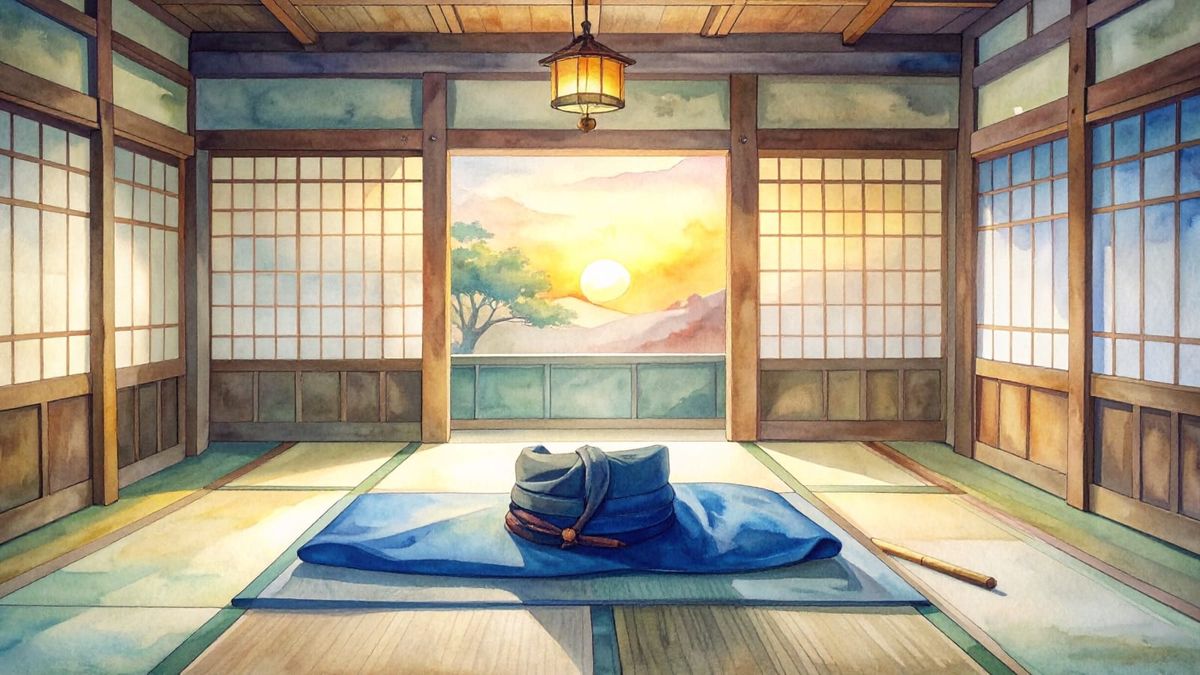 Indigo hakama and a Japanese bow in a quiet traditional room at twilight.