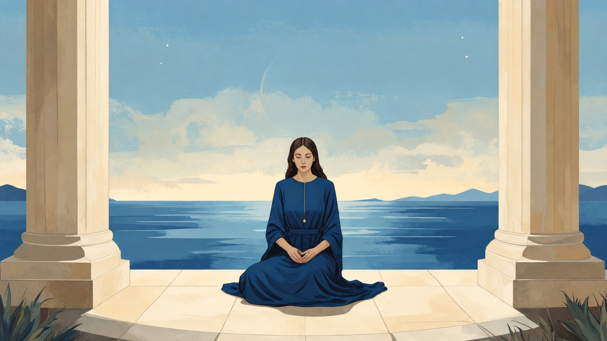 A woman in an indigo robe sits quietly between pale stone columns overlooking the sea.