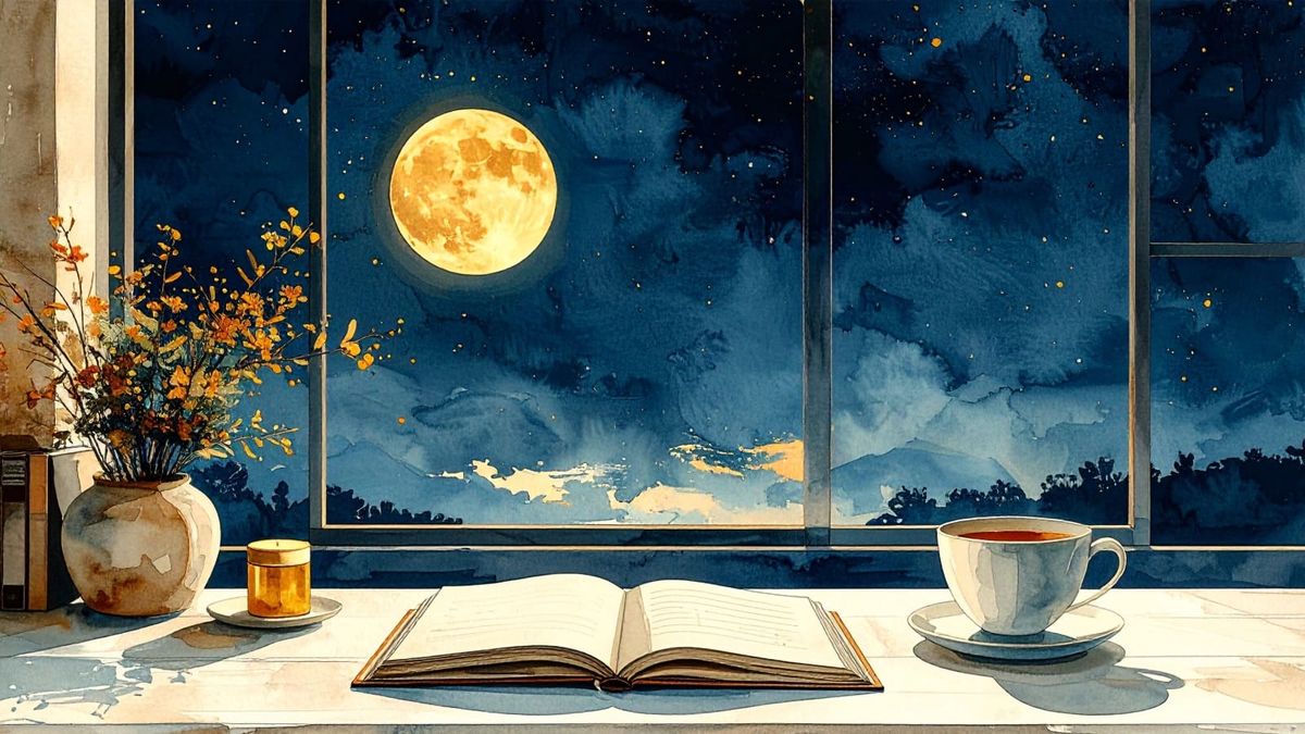 An open notebook and tea beside a moonlit window